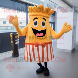 Rust French Fries mascot costume character dressed with a Skirt and Ties