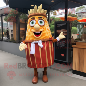 Rust French Fries mascot costume character dressed with a Skirt and Ties