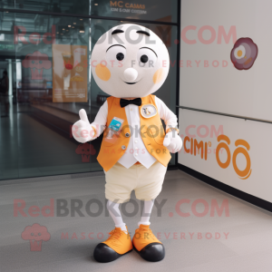 Cream Mandarin mascot costume character dressed with a Button-Up Shirt and Smartwatches