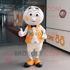 Cream Mandarin mascot costume character dressed with a Button-Up Shirt and Smartwatches
