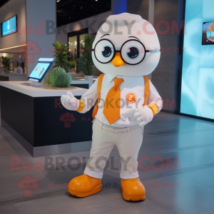 Cream Mandarin mascot costume character dressed with a Button-Up Shirt and Smartwatches