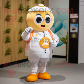 Cream Mandarin mascot costume character dressed with a Button-Up Shirt and Smartwatches