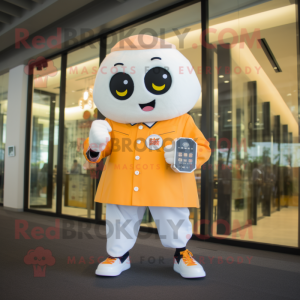 Cream Mandarin mascot costume character dressed with a Button-Up Shirt and Smartwatches
