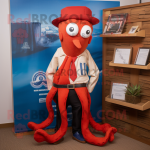 Red Squid mascot costume character dressed with a Oxford Shirt and Ties