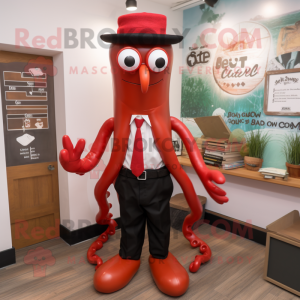 Red Squid mascot costume character dressed with a Oxford Shirt and Ties