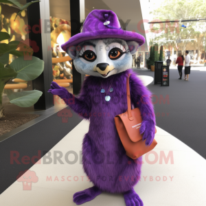 Purple Lemur mascot costume character dressed with a Midi Dress and Clutch bags
