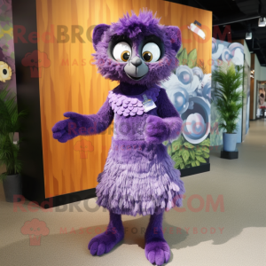 Purple Lemur mascot costume character dressed with a Midi Dress and Clutch bags