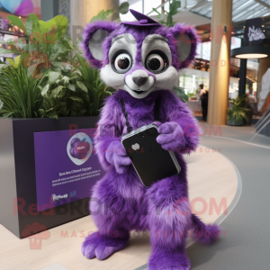 Purple Lemur mascot costume character dressed with a Midi Dress and Clutch bags