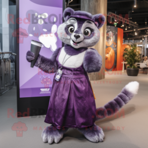 Purple Lemur mascot costume character dressed with a Midi Dress and Clutch bags