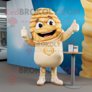 Cream Croissant mascot costume character dressed with a Skinny Jeans and Rings