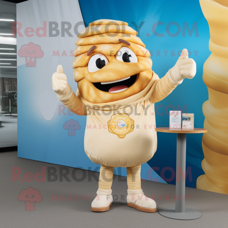 Cream Croissant mascot costume character dressed with a Skinny Jeans and Rings