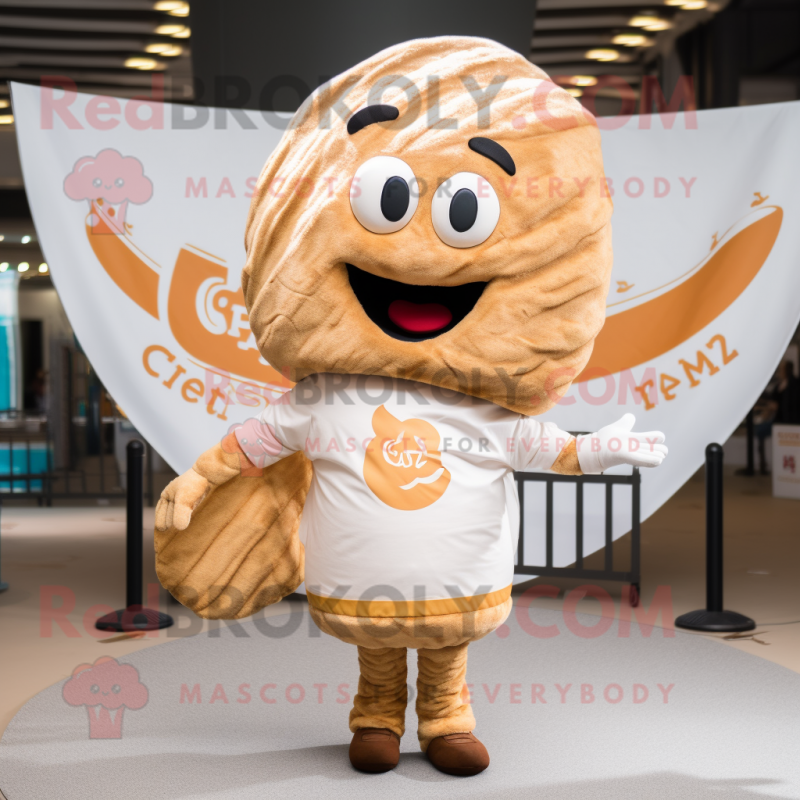 Cream Croissant mascot costume character dressed with a Skinny Jeans and Rings