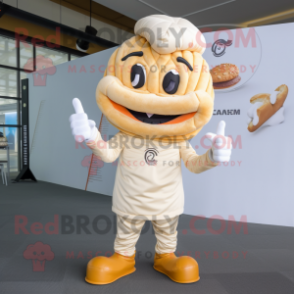 Cream Croissant mascot costume character dressed with a Skinny Jeans and Rings