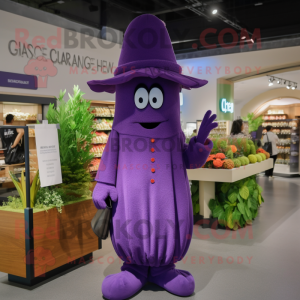 Purple Celery mascot costume character dressed with a Coat and Hats