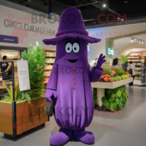 Purple Celery mascot costume character dressed with a Coat and Hats