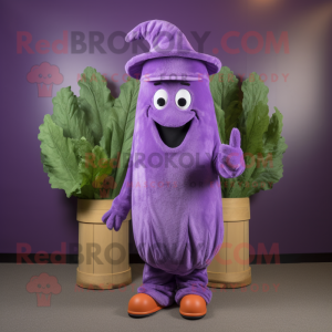 Purple Celery mascot costume character dressed with a Coat and Hats