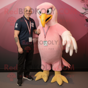 Pink Bald Eagle mascot costume character dressed with a Henley Shirt and Cummerbunds