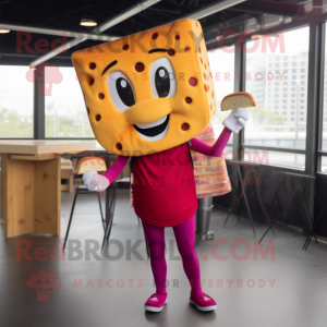 Magenta Grilled Cheese Sandwich mascot costume character dressed with a Jeggings and Cummerbunds
