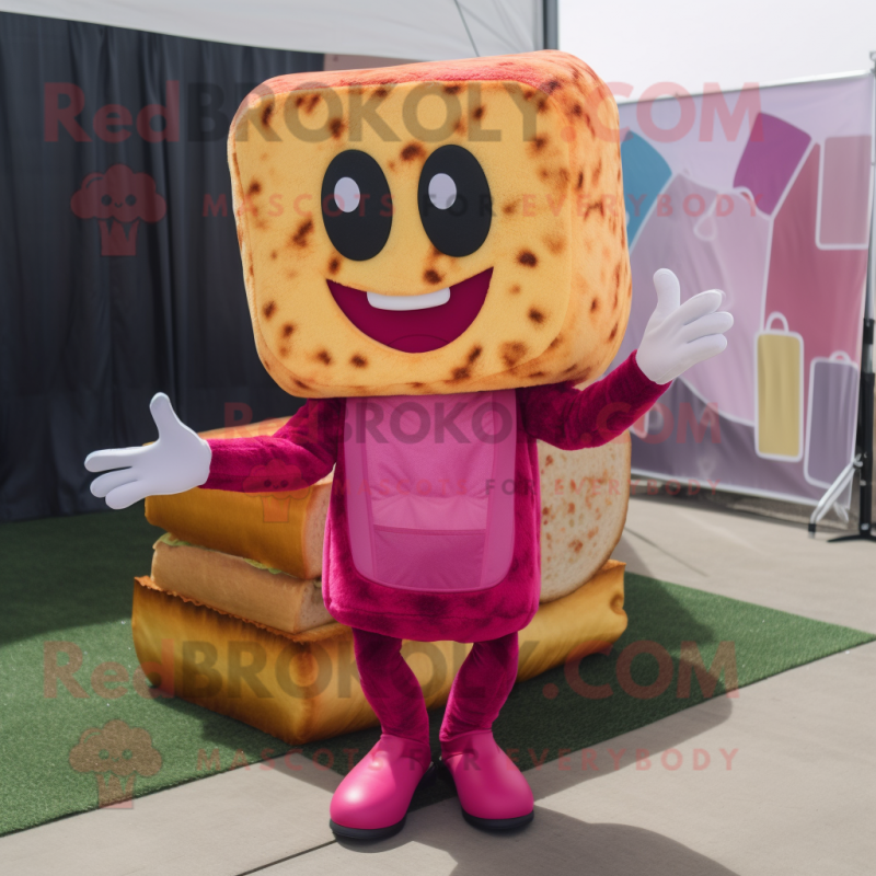 Magenta Grilled Cheese Sandwich mascot costume character dressed with a Jeggings and Cummerbunds