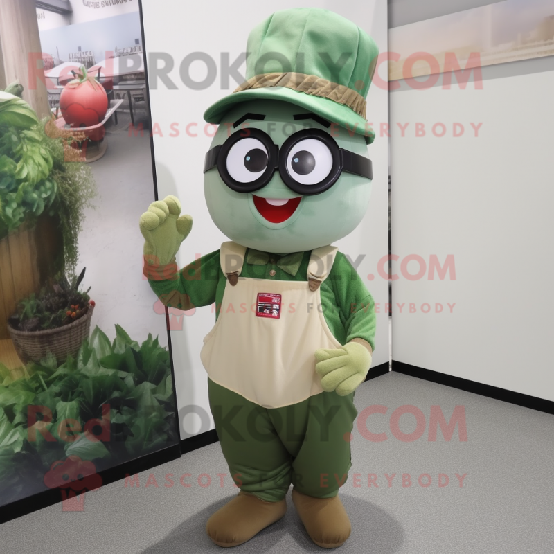 Olive Radish mascot costume character dressed with a Overalls and Reading glasses Olive Radish mascot costume character dressed with a Overalls and Reading glasses