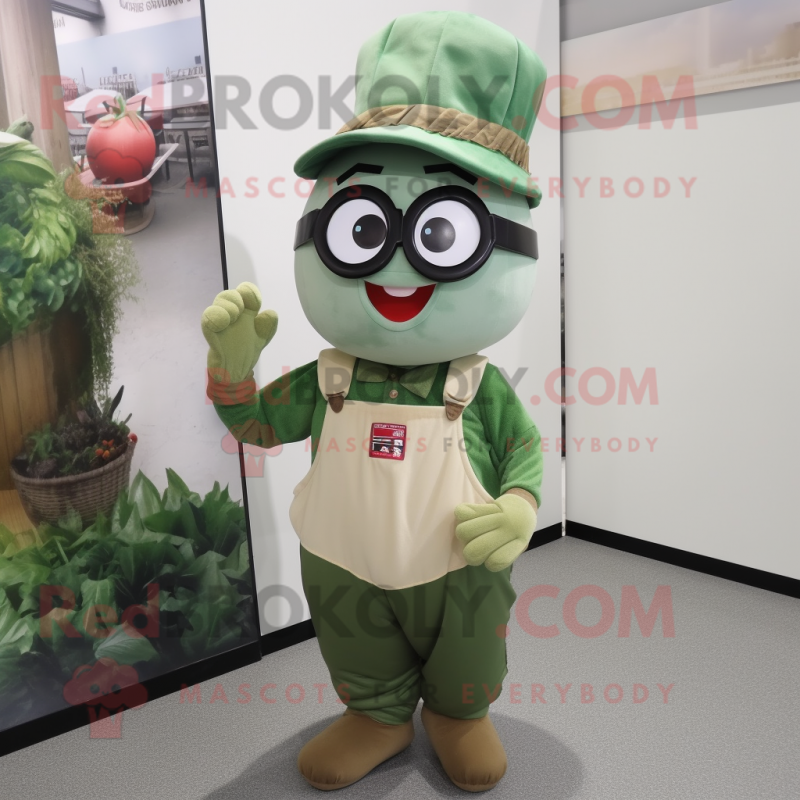 Olive Radish mascot costume character dressed with a Overalls and Reading glasses