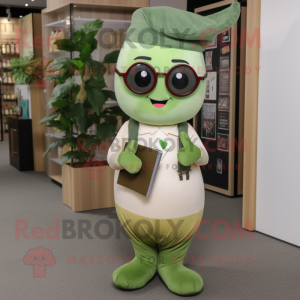 Olive Radish mascot costume character dressed with a Overalls and Reading glasses