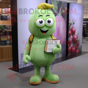 Olive Radish mascot costume character dressed with a Overalls and Reading glasses