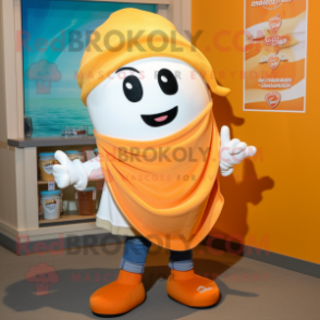 Orange Clam Chowder mascot costume character dressed with a Boyfriend Jeans and Scarf clips