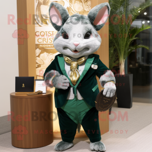 Forest Green Chinchilla mascot costume character dressed with a Suit Pants and Necklaces