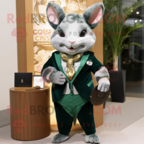 Forest Green Chinchilla mascot costume character dressed with a Suit Pants and Necklaces