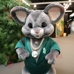 Forest Green Chinchilla mascot costume character dressed with a Suit Pants and Necklaces