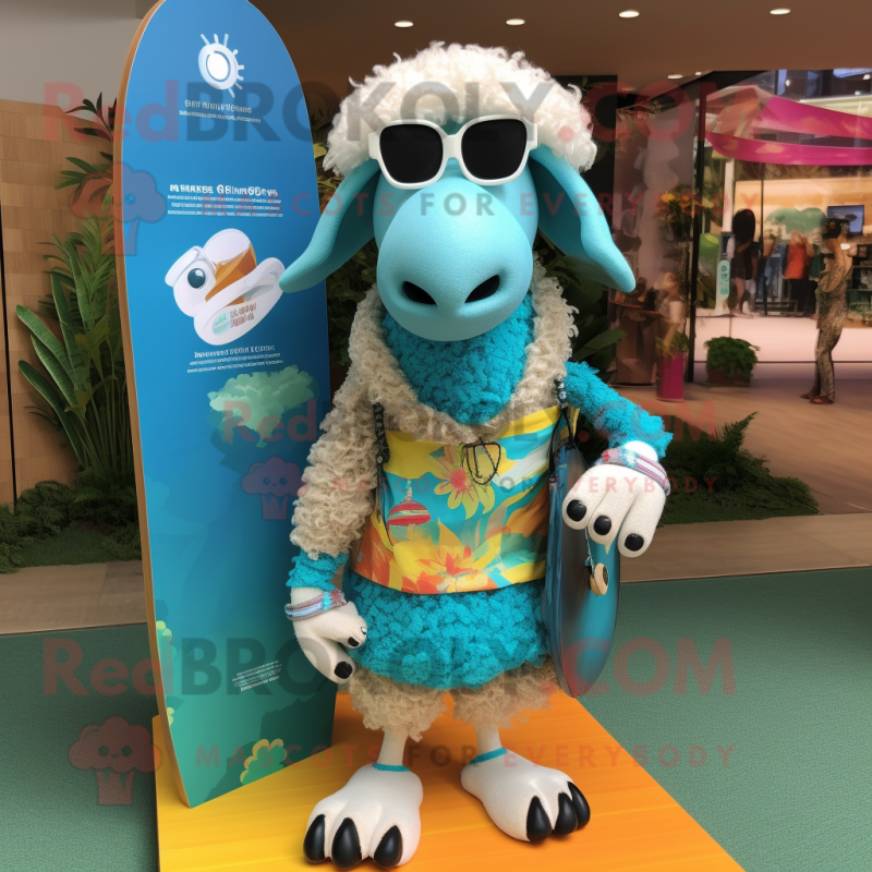 Turquoise Sheep mascot costume character dressed with a Board Shorts and Necklaces