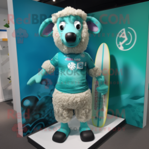 Turquoise Sheep mascot costume character dressed with a Board Shorts and Necklaces