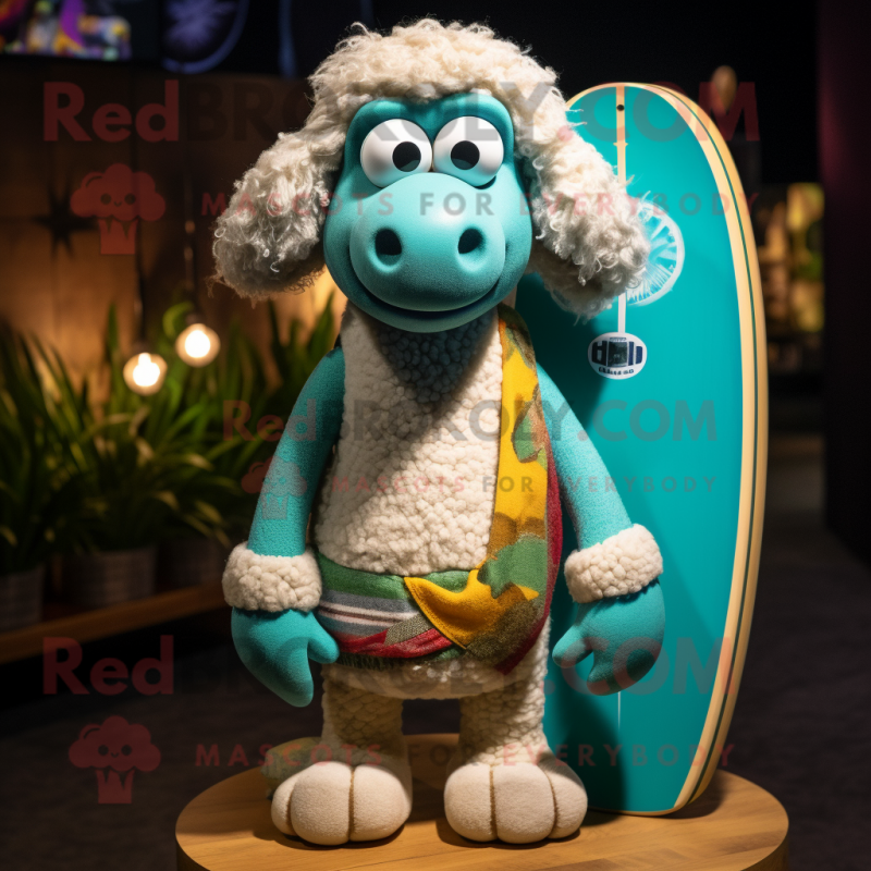 Turquoise Sheep mascot costume character dressed with a Board Shorts and Necklaces