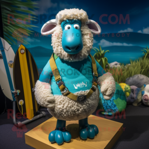 Turquoise Sheep mascot costume character dressed with a Board Shorts and Necklaces