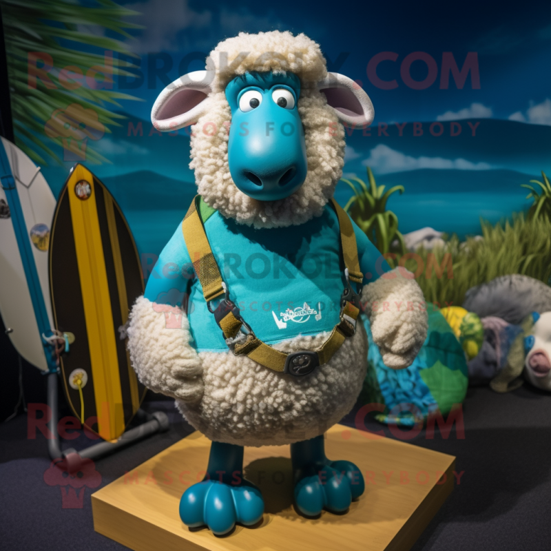 Turquoise Sheep mascot costume character dressed with a Board Shorts and Necklaces Turquoise Sheep mascot costume character dressed with a Board Shorts and Necklaces