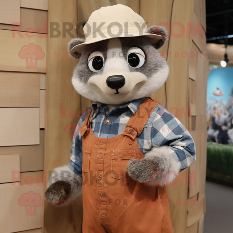 Peach Badger mascot costume character dressed with a Chambray Shirt and Hats Peach Badger mascot costume character dressed with a Chambray Shirt and Hats