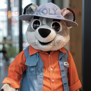 Peach Badger mascot costume character dressed with a Chambray Shirt and Hats