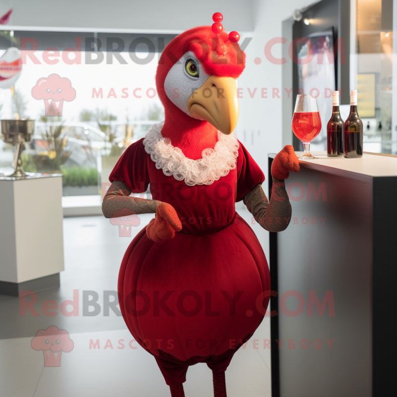 Red Guinea Fowl mascot costume character dressed with a Cocktail Dress and Gloves