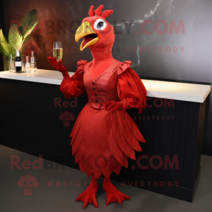 Red Guinea Fowl mascot costume character dressed with a Cocktail Dress and Gloves
