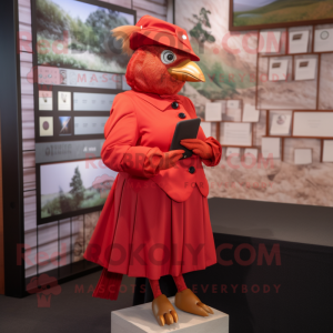 Red Quail mascot costume character dressed with a A-Line Dress and Cufflinks