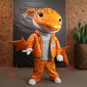 Orange Dolphin mascot costume character dressed with a Leather Jacket and Hairpins