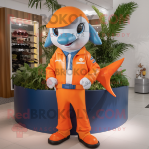 Orange Dolphin mascot costume character dressed with a Leather Jacket and Hairpins