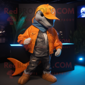Orange Dolphin mascot costume character dressed with a Leather Jacket and Hairpins