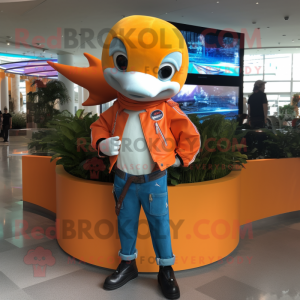 Orange Dolphin mascot costume character dressed with a Leather Jacket and Hairpins