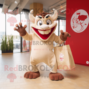 Beige Devil mascot costume character dressed with a Graphic Tee and Tote bags
