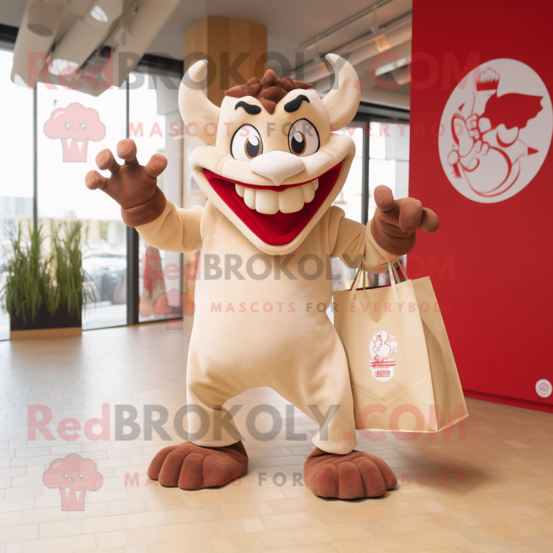 Beige Devil mascot costume character dressed with a Graphic Tee and Tote bags Beige Devil mascot costume character dressed with a Graphic Tee and Tote bags