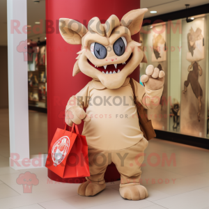 Beige Devil mascot costume character dressed with a Graphic Tee and Tote bags