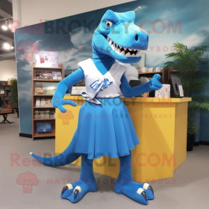 Blue Tyrannosaurus mascot costume character dressed with a Wrap Skirt and Shoe clips