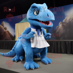 Blue Tyrannosaurus mascot costume character dressed with a Wrap Skirt and Shoe clips